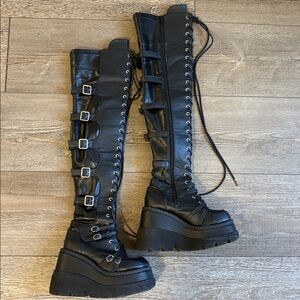 Demonia Shaker 350 Platform Wedge Over the Knee Lace-up Boots w Buckle Straps